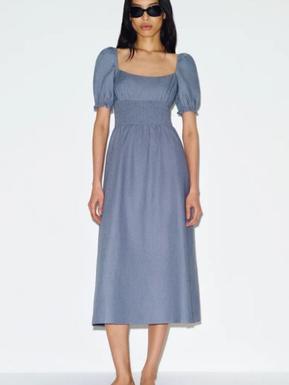 NEW Reformation Adler Linen Midi Smocked Puff Sleeve Dress Cornflower Blue US 6